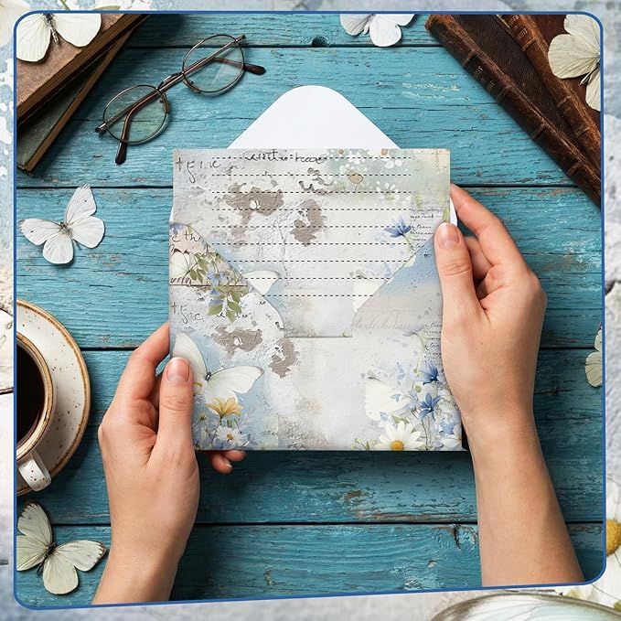 TaoBary 160 Pcs Stationery Paper Set 50 Double Sided Stationery Papers with 50 Matching Envelopes and 60 Round Dot Sticker, 10 Design (Serenity Junk,8.25 x 5.5 Inch)