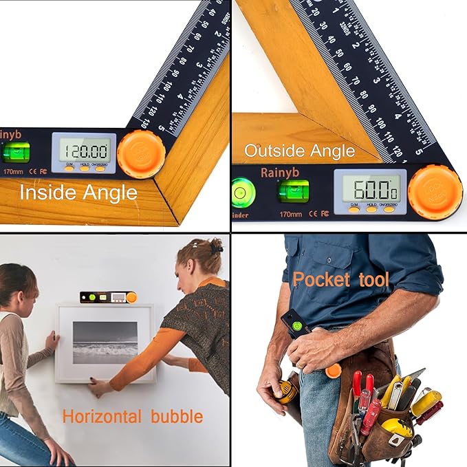 Rainyb Digital Angle Finder Tool 5 inch Pocket Protractor 0-360 degree LED Digital Protractor with Horizontal Bubble Levels and Ruler Meter Accurate Tool for Carpenters,Woodworkers,Fabricators（5 inch）
