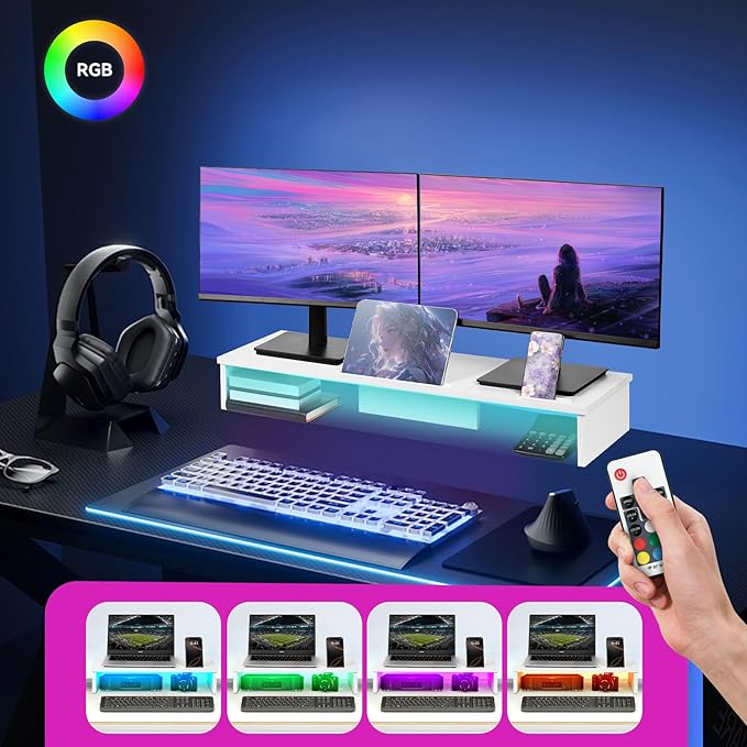 Qupui TV Riser Stand with LED Lights, 42.5in Super Large Monitor Stand with Phone Tablet Holder, Tabletop TV Stand Riser for Desk, Desktop Organizer for Computer, TV, Laptop, Printer