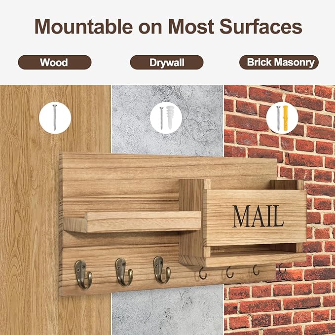Lwenki Mail Organizer for Wall Mount – Key Holder with Shelf Includes Letter Holder and Hooks for Hallway Farmhouse Decor – Rustic Wood with Flush Mounting Hardware (16.5” x 9.1” x 3.4”) (Wood)