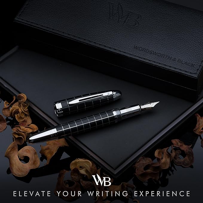 Wordsworth & Black Majesti Fountain Pen - (Checked), Luxury Case, Chrome Finish, Iridium Medium Nib - 24 Ink Cartridges, Refillable Ink Converter-Calligraphy Pen-Best Business Gift Set for Men & Women