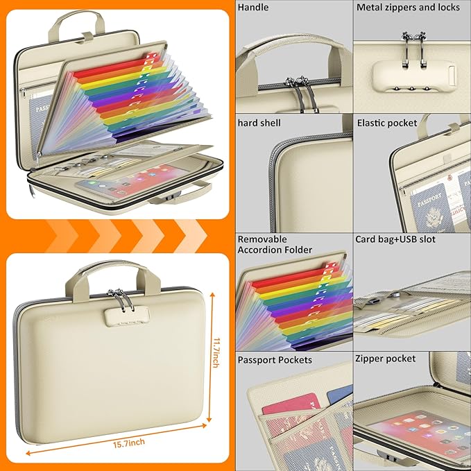 Fireproof File Organizer with Lock, Hard-Shell Case Fireproof Document Box with 13 Colorful Pockets Accordion File Folder, Important Document Organizer for Letter A4 Files Laptop Passports (Beige)