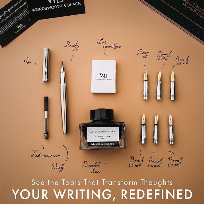 Wordsworth & Black Calligraphy Pen Gift Set, Includes Bottle, 6 Cartridges, 1 Refill Converter, 6 Replacement Nibs, Premium Package, Journaling, Smooth Writing Pens [Silver Chrome]