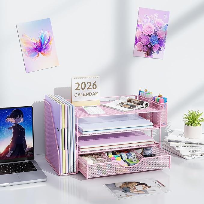 gianotter Desk Organizers and Accessories with File Holder, 4-Tier Desk Accessories & Workspace Organizers with Drawer and 2 Pen Holder, Paper Organizer for Office Supplies (Pink)
