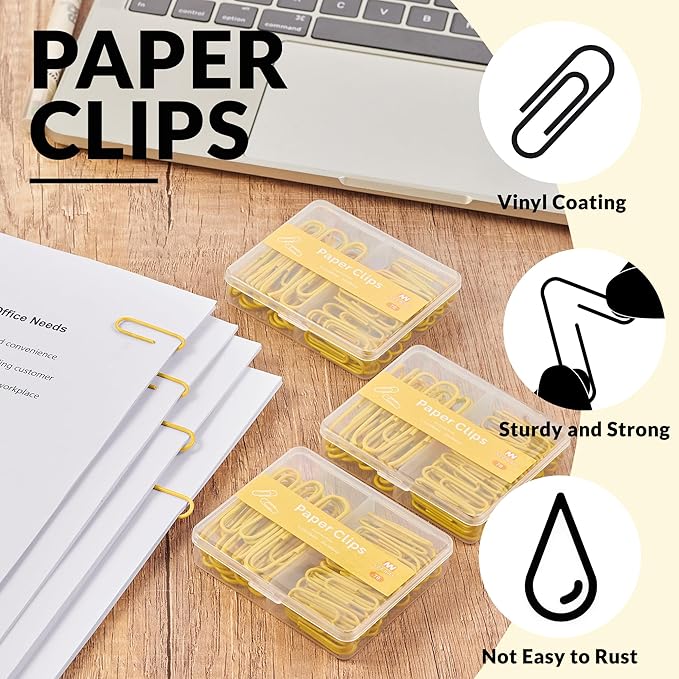 NEEWAY Colorful Paper Clips Assorted Sizes, Small and Large Paper Clips, 210 Count, 3 Pack of 70 (Yellow)