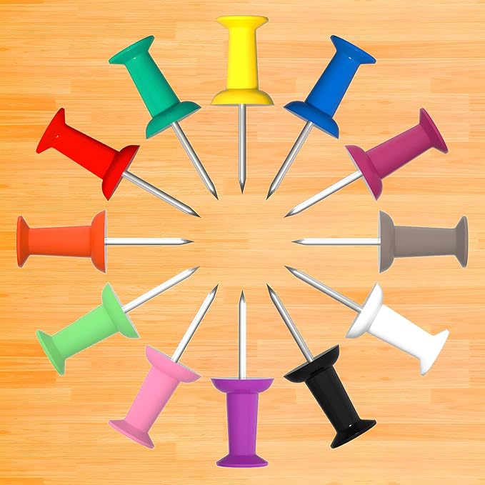 VAPKER Push Pins 720Pcs Solid Color Thumb Tacks Map Pins Tacks Plastic Head with Steel Point for Bulletin Board 12 Assorted Colors Office Supplies