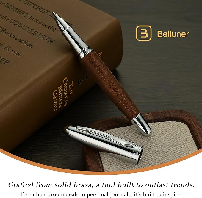 BEILUNER 318 Luxury Leather Pen, Full Grain Oil Tan Crazy Horse Cowhide Leather, Chrome-Plated Finish, Schmidt Ink Refill, Best Rollerball Pen Gift for Men & Women,Executive, Professional, Nice Pens