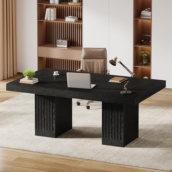 Tribesigns 63 Inch Executive Desk, Modern Office Computer Desk with Heavy Duty Double Pedestal, Large Study Writing Table Business Furniture for Home Office, Black