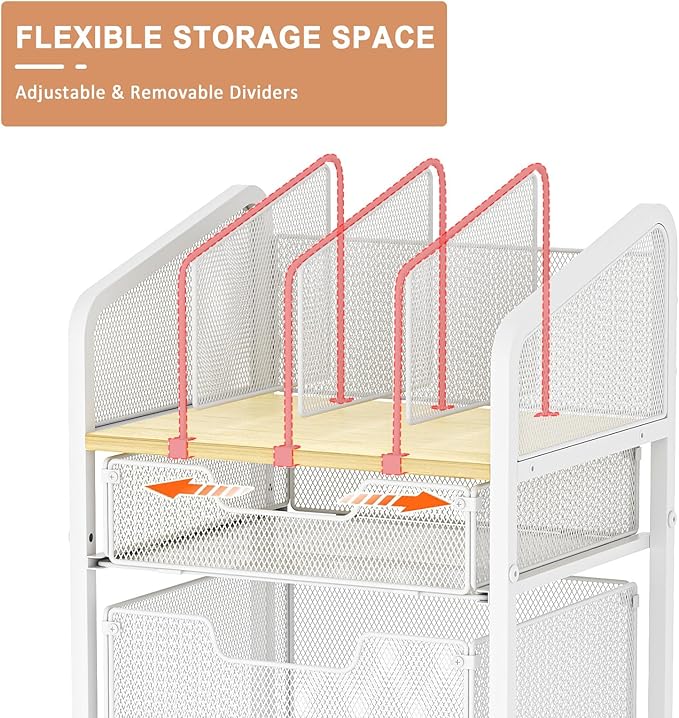Rolling File Cabinet with Adjustable Dividers, Mobile Filing Cabinet with 2 Storage Drawers on Lockable Wheels, Hanging File Organizer Beside Under Desk for Office, Home, White（Patent Pending）