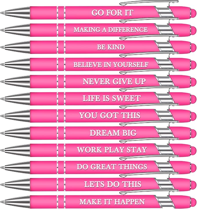 Zonon 12 Pcs Inspirational Pens Bulk Funny Ballpoint Pen with Stylus Tip Motivational Gifts for Valentine's Day Teacher Coworkers Nurse School Office Supplies(Pink,Motivational Style)