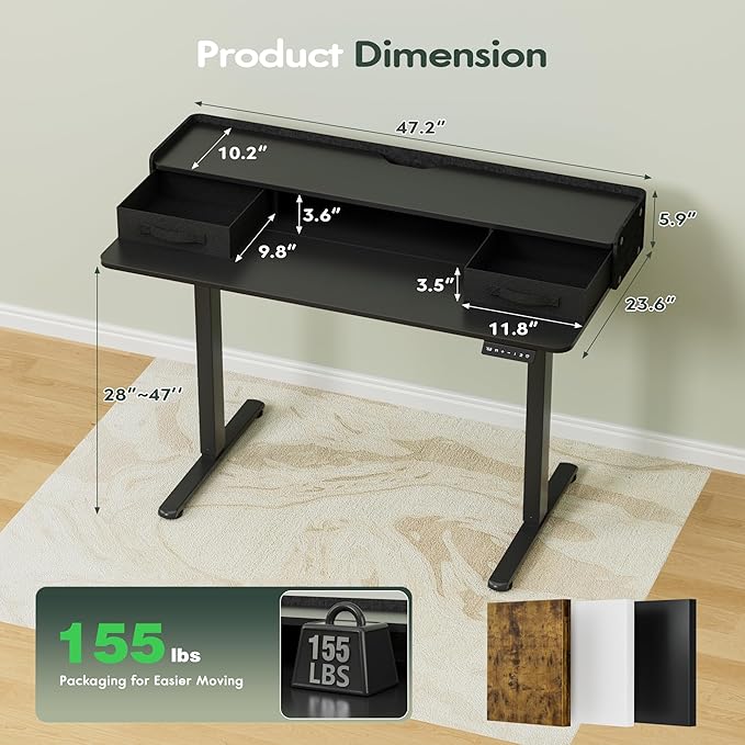 Homall Electric Standing Desk with 2 Drawers, Adjustable Height Computer Desk with Monitor Shelf Sit Stand Table with Splice Board Quick Install for Home Office (Black, 48 Inch)