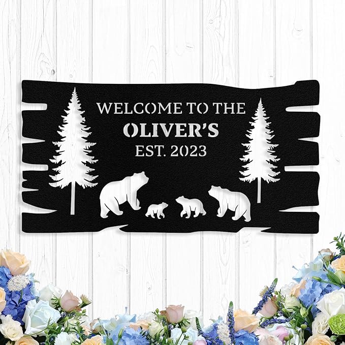 Custom Bear Metal Sign, Custom Bear Metal Wall Art Decor, Personalized Last Name Welcome Signs for Home, Rustic Farmhouse Black Wall Decor for Cabin, Porch, Living Room