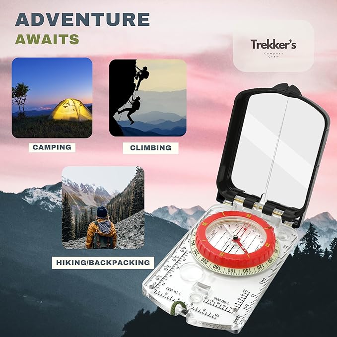 Trekker's Compass Crew Professional Military Lensatic Compass with Mirror, High-Precision Dial, Built-in Magnifier, Luminous Display for Hiking, Camping, Orienteering