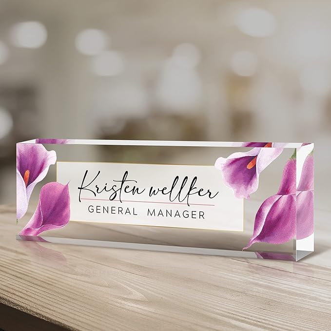 Custom Name Plate for Desk, Desk Name Plate Personalized, Office Decor for Women Men, Acrylic Desktop Accessories, Office Gifts for Coworkers Boss Teacher, Employee Appreciation Gifts (Purple Calla)