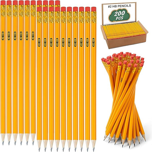 IKAYAS 200 Pack Yellow Sharpened Pencils with Erasers for Kids, 2 Pre-sharpened Number 2 Pencils for Classroom and Office, Writing, Drawing and Sketching (Wood-Cased)