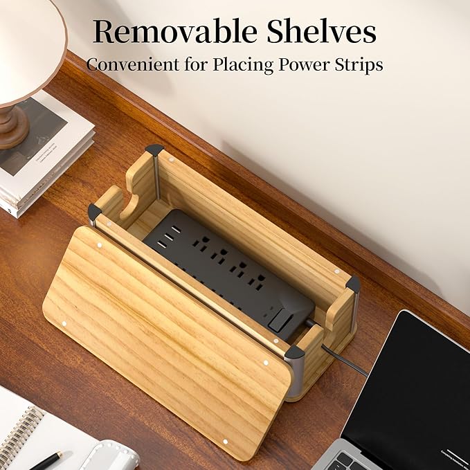 Delamu Wooden Cable Management Box, Retro-Inspired Look Desk Cord Organizer Box for Home Office, Large Cable Organizer Hides Cords and Power Strips, Power Strip Cover, 14.3" x 6.0" x 5.5", White