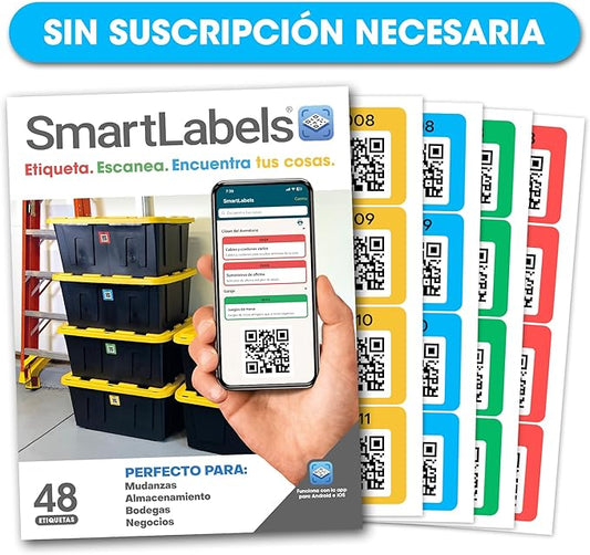 SmartLabels – Etiquetas QR en Español | Paquete de 48 | Multicolor | Calcomanías con App para Inventario Fácil, Organización de Bodegas o Etiquetas de Mudanza