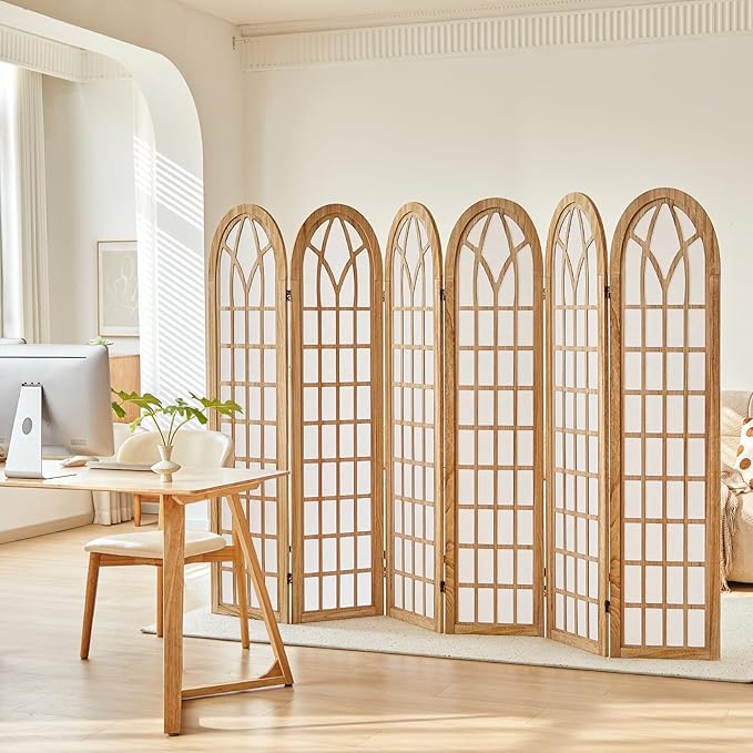 Asnefeli 6 Panel Japanese Room Divider, Shoji Style Partition Divider, Fully Assembled Wooden Privacy Screen for Home Office Bedroom Apartment Decoration, Natual