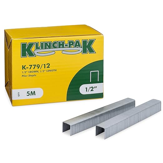 Klinch-Pak K-779/12, 1/2” Leg by 1/2" Wide Crown Heavy-Duty GalvanizedPlier Staples, 5000 Per Package, for stapling Trays, Lids, Bags, Header Cards, Fastening End Caps and Container Inserts