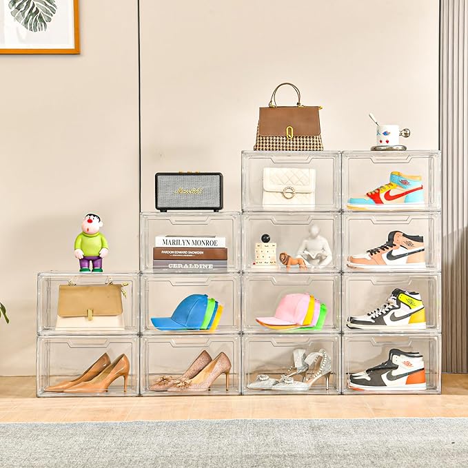 KOKOIN Magnetic Acrylic Clear Shoe Boxes – 360° Clear Plastic Stackable Sneaker Storage Box shoe Display Box Professional Grade Shoe Display Case, Shoe Organizer for Closet (12pcs)