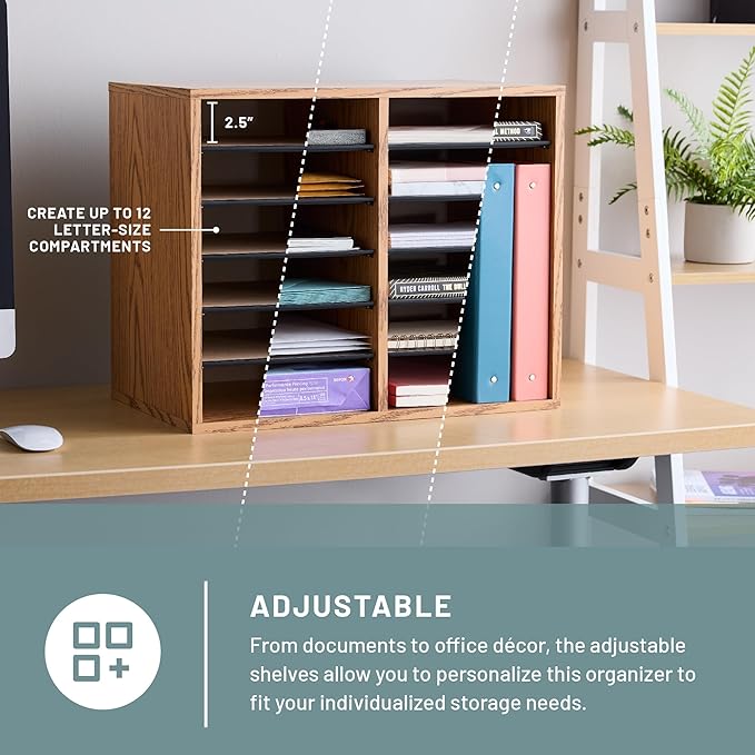 Safco 9420MO Adjustable Literature & Paper Organizer, 12 Compartment Mailbox Cubby, Great for Home, Office, Classroom Organization, Medium Oak Wood , Durable Construction, Removable Shelves