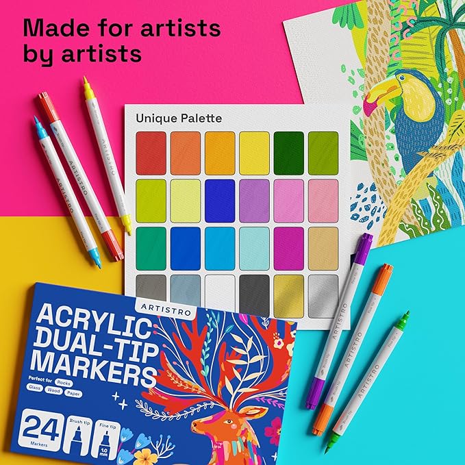ARTISTRO 12 Acrylic Paint Markers - Paint Pens Dual Tip Brush + Fine Ideal for Calligraphy - Perfect for Fabric, Rock, Glass, Wood, DIY - Art Supplies, Stocking Stuffers, Christmas Gift Idea