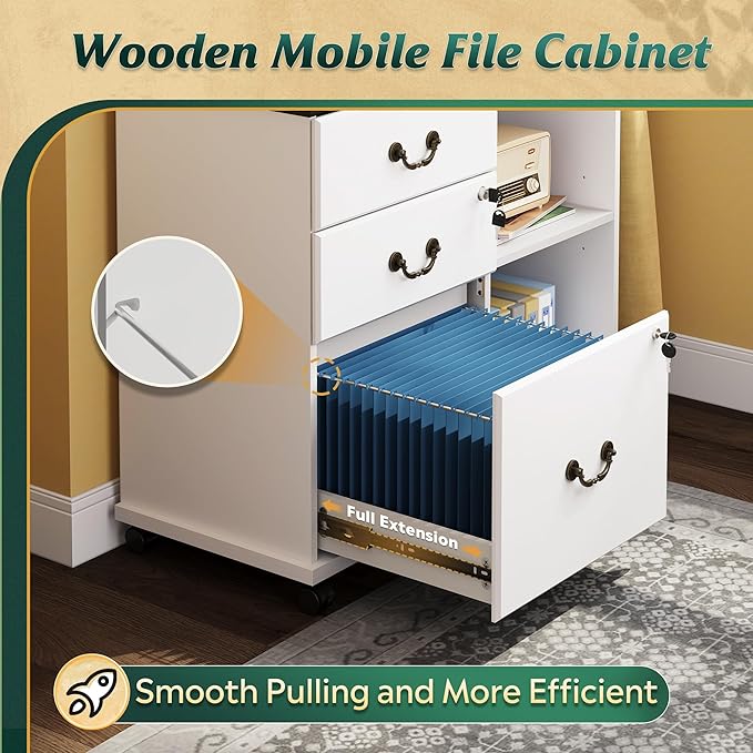 DEVAISE 3 Drawer File Cabinet,Wood Lateral Filing Cabinet with Lock & Charging Station,Rolling Printer Stand with Storage for Home Office,White