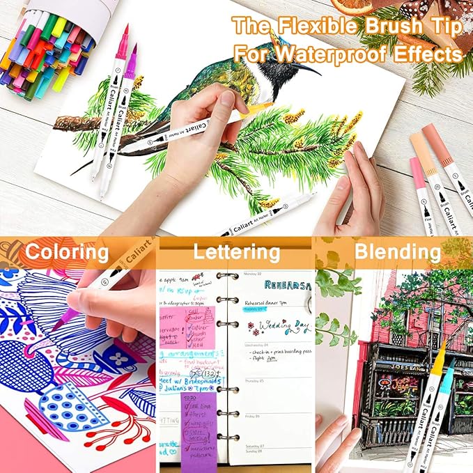 Caliart 72 Colors Double Tip Brush Pens Art Markers, Artist Fine & Brush Pen Coloring Markers for Adult Book Cards Drawing Craft Kit Teacher Office Supplies