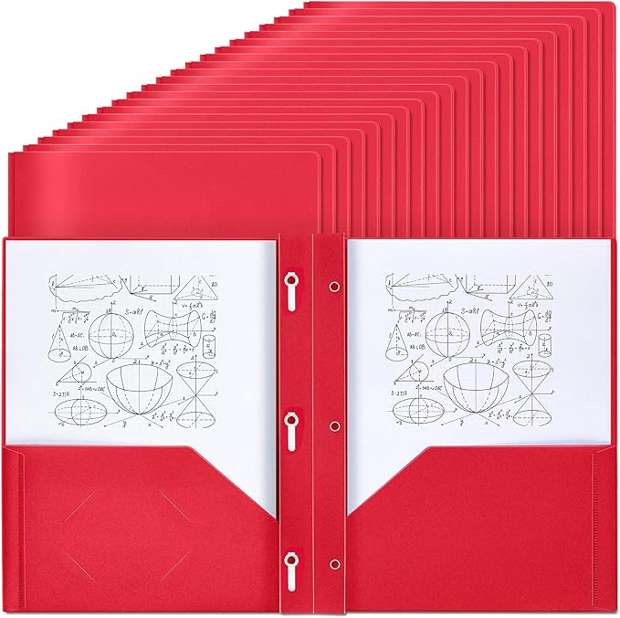 Lincia 100 Pcs Plastic Folders with Pockets and Prong Folders with Prongs 2 Pockets for Office, School for Students, Teachers, Office Workers(Red)