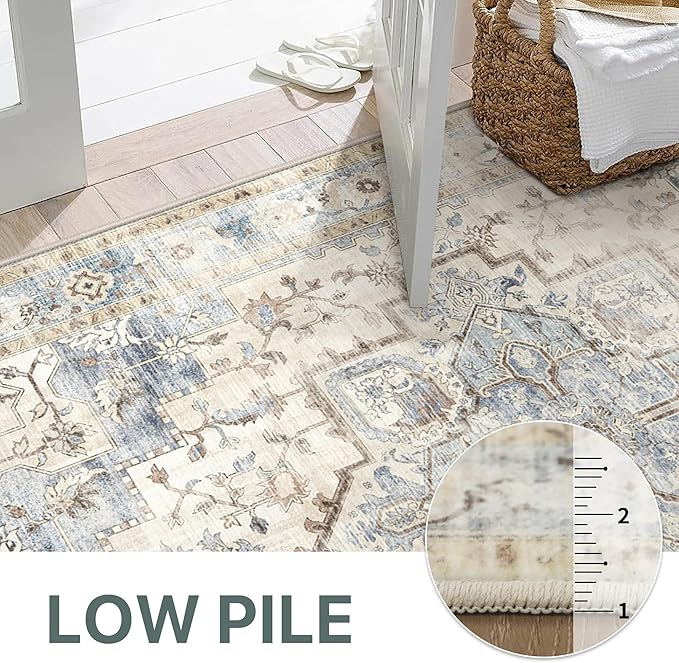 GENIMO 5x7 Area Rugs for Living Room, Machine Washable Rug, Non Slip Indoor Vintage Rug, Low Pile Lightweight Chenille Print Carpet for Bedroom Dining Room Home Office, Mint Sage