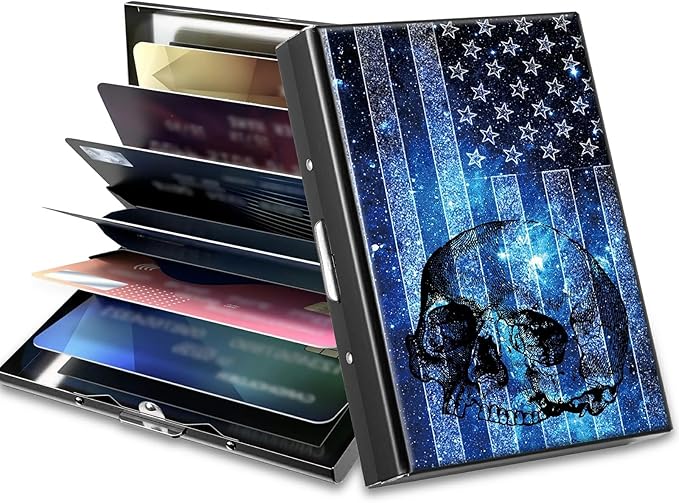 BWEGRHE Slim Credit Card Holder, Blue Skull Flag RFID Blocking Metal Wallet for Men & Women, Aluminum Minimalist Hard Case Pocket-Sized Business Cards Organizer (Fits Up to 10 Cards)