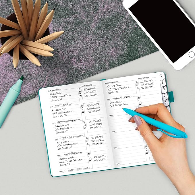 Legend Planner Address Book with Alphabetical Tabs – Mini Telephone Contacts Book for Phone Numbers, Addresses, Passwords, Small (Turquoise)