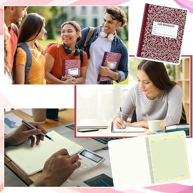 Affrolling 2 Pack Carbonless Lab Notebook Carbon Copy 8.5'' x 11'' 50 Sets of Pages 100 Pages Total Laboratory Engineering Chemistry Computation Notebook Science Grid Coil Binding(Wine Red and White)