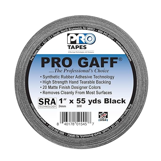 1" Width ProTapes Pro Gaff Premium Matte Cloth Gaffer's Tape With Rubber Adhesive, 11 mils Thick, 55 yds Length, Black (Pack of 1)