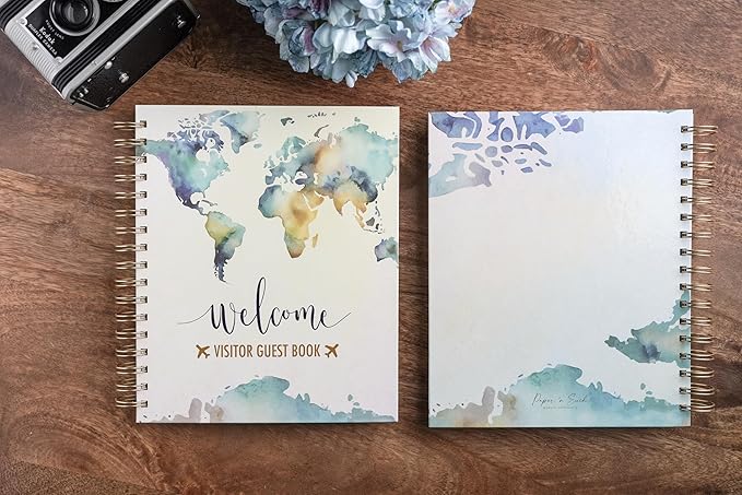 Paper 'n Such Guest Book for Rental House - Vacation Home - Short Term Rentals, Host Essentials, Spiral Hardcover Welcome Log for Airbnbs- 200 Pages (World Map)