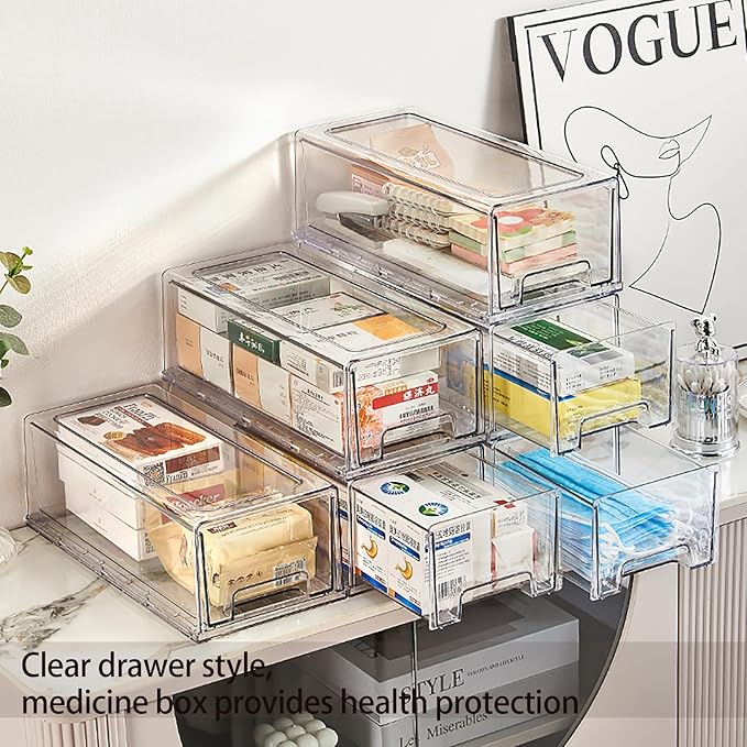 Sgoostood 6 Pack Stackable Organizer Drawers, Clear Desk Storage Box,Transparent Drawer in Home, Office and Kitchen Pull Out Organizer Bins for Make Up, Jewelry, Pen, Desktop Stationary (6L drawer)