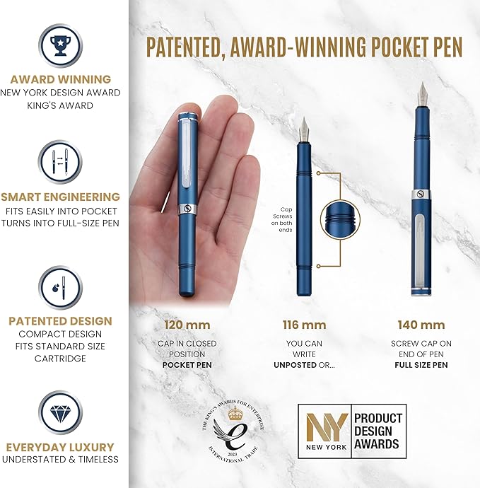 Scriveiner Personalized Luxury EDC Fountain Pen (Medium), Stunning Matt Blue Pocket Pen, Chrome Finish, Schmidt German Nib, Best Engraved Fountain Pen Gift Set for Men & Women, Name Engraving