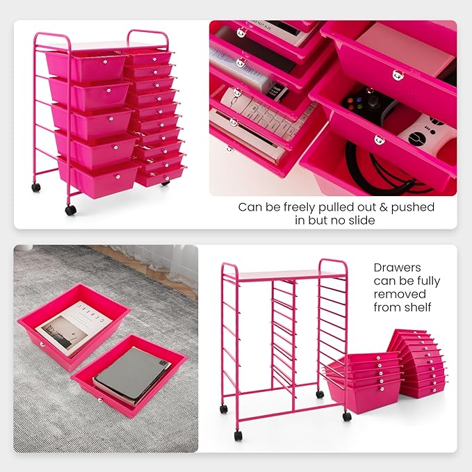 HAPPYGRILL 15-Drawer Rolling Cart, Storage Carts with Removable Drawers & Steel Frame, Utility Cart on Lockable Wheels for Home, School, Office (Hot Pink)