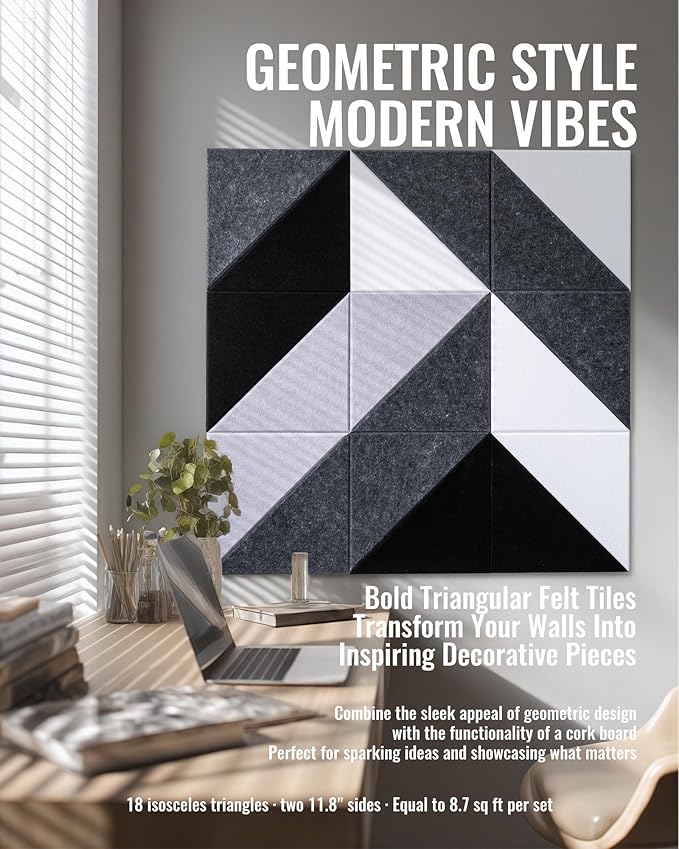 PebblingQ Felt Wall Tiles Bulletin Board, Modular Decorative Panels for Home Office, Kids Room, Classroom, DIY Geometric Design, Creative Photo Display Board, 18 Pack 11.8" Triangle Tiles(Ether)
