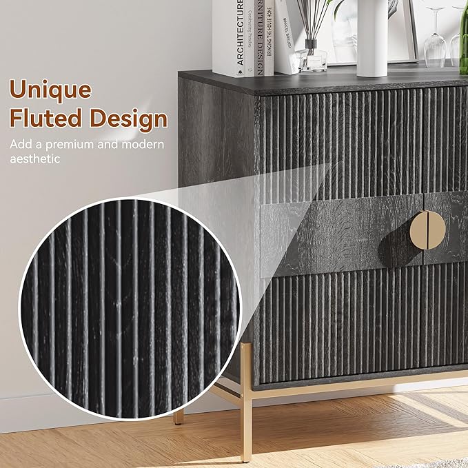 HOCAT 30.7" Accent Cabinet, Modern Buffet Cabinet with Gold Metal Legs, Fluted Sideboard for Dining Room, Kitchen, Darkgrey