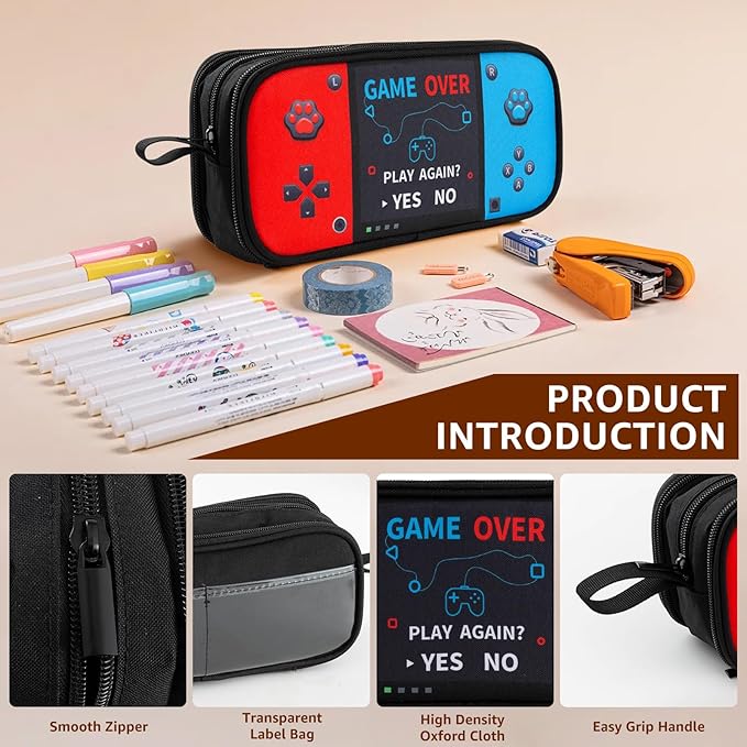 Easozoom Large Game Controller Pencil Case for Teen Boy Kid Capacity Pen Box Pouch Organizer Holder Bag with 3 Compartments & Zipper School College Office Supplies(1PCS Pencil Case)