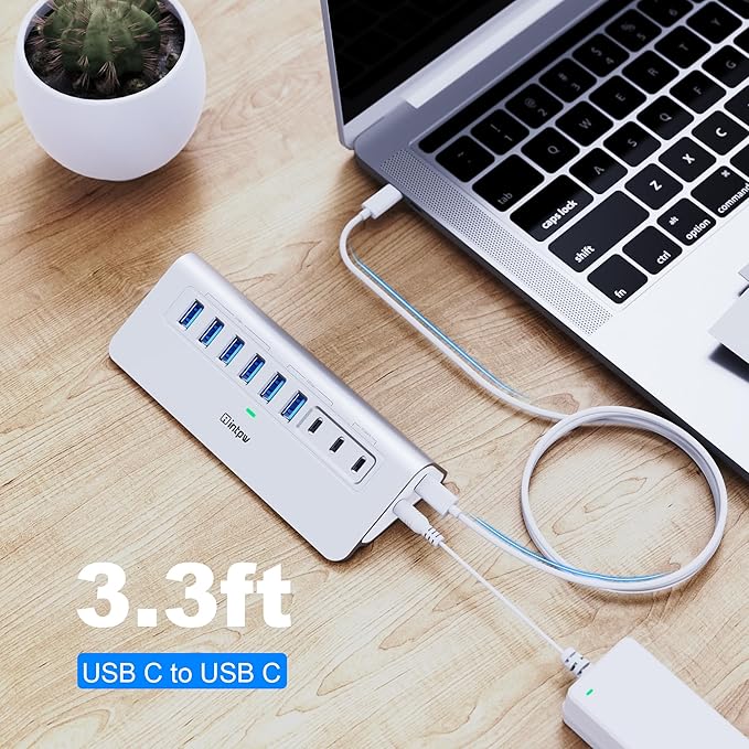 Powered USB Hub 10Gbps, intpw 9-Port USB 3.2 Hub, USB C Hub with USB A/USB C 3.2, 4 USB 3.0, 2 PD 45W Charging Ports, 65W Power Adapter and 3.3FT Cable, Aluminum USB Hub for Laptop, iPhone 17/16/15，PC