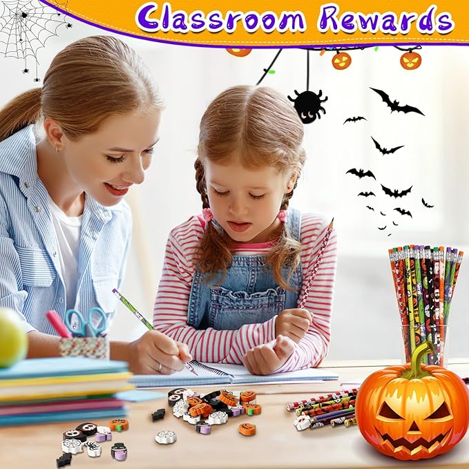 JULMELON 72PCS Halloween Party Favors Set,36PCS Halloween Pencils with 36PCS Ghost Pumpkin Skeleton Bat Spider Erasers, Wooden Pencils for School Classroom Office Party Reward Supplies
