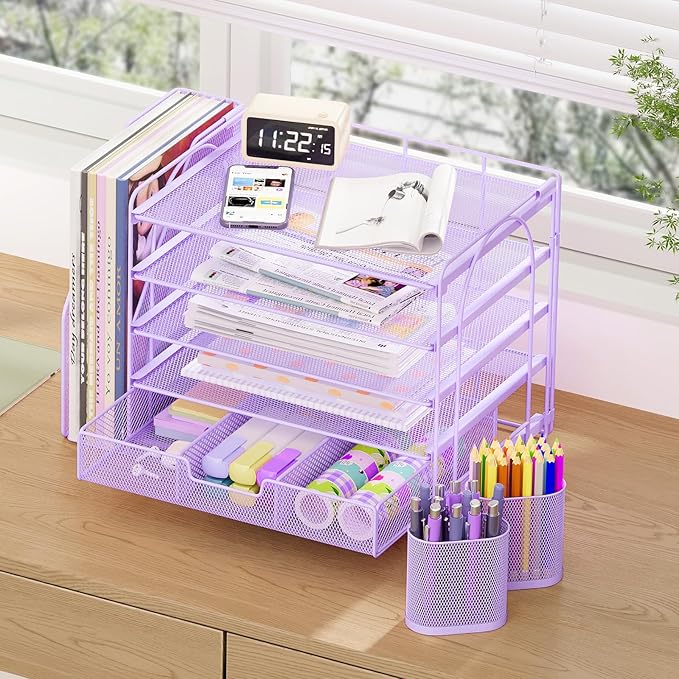 OPNICE Desk Organizer, 5-Tier Paper File Organizer with Drawer & Pen Holder, Office Desk Accessories, Workspace Desktop Organizer for Office Supplies(Purple)
