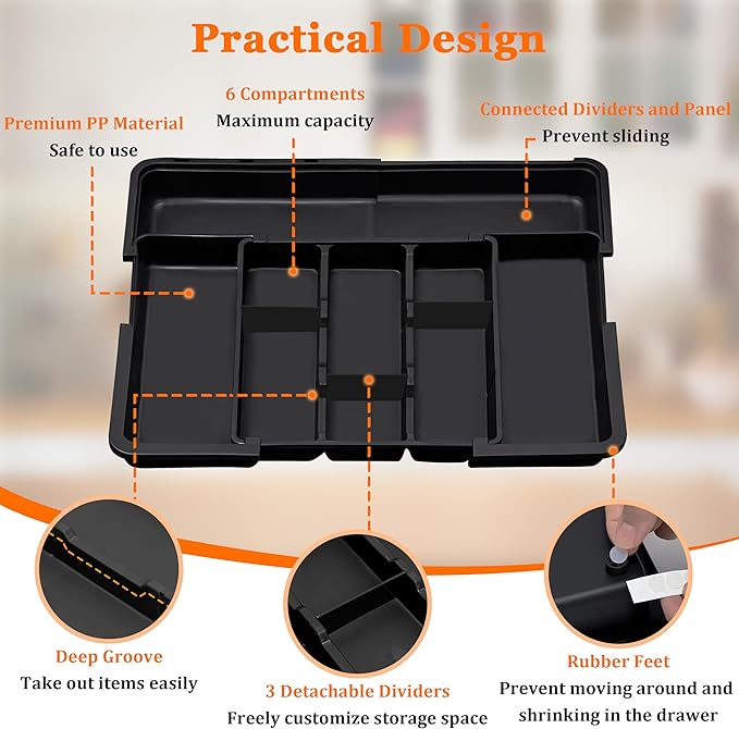 Spaclear Large Utensil Drawer Organizer Expandable Silverware Organizer for Kitchen Drawer Adjustable Cooking Utensil Holder Cutlery Flatware Tray Spatula Tools Gadgets Storage Dividers Plastic Black