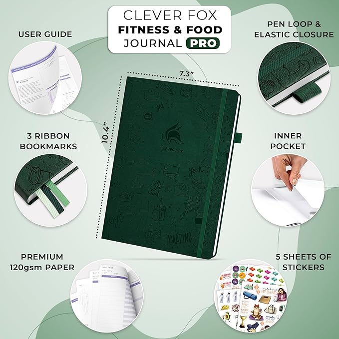 Clever Fox Fitness & Food Journal PRO – Daily Workout & Meal Planner for Women & Men – Exercise & Weight Loss Diary Notebook, 7.3x10.4” (Forest Green)