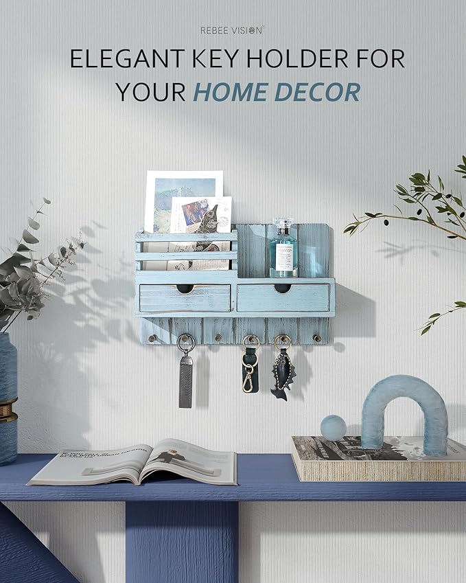 Rebee Vision Decorative Key Holder Wall Mount with 2 Drawer Organizer - Modern Mail Organizer with 6 Key Hooks & Shelf - Home Decor Aesthetic for Apartment Essentials (Distressed Blue)