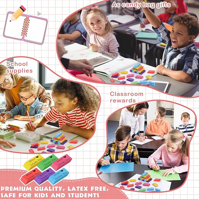 Yaomiao 180 Pcs Bulk Erasers for Kids Pencil Beveled Erasers Colorful Christian Motivational Gifts Bulk for Kids Students Classrooms, Drawing, Back to School (Bright,Jesus Loves You)