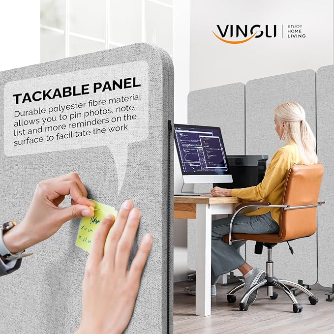 VINGLI Room Divider Screen, Freestanding Privacy Partition Wall, Zipper Connected Panels with Wheels, Office Space Separator (Light Gray, 3 Panel)