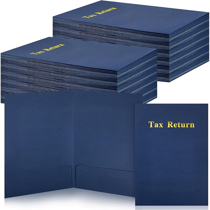 Harloon 40 Pcs Tax Return Folders 12 x 9 Inches 2 Pocket Folders Bulk Gold Foil Stamped Heavyweight Folder, Holds 8 x 11 Inches Letter Size Paper (Blue,Cardboard)